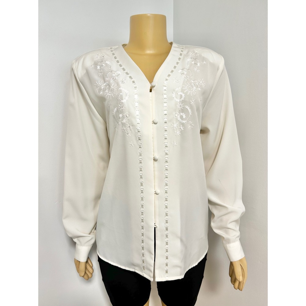 Claudia Richard Vintage Cream Embroidered Button Front Blouse L 10 cottagecore